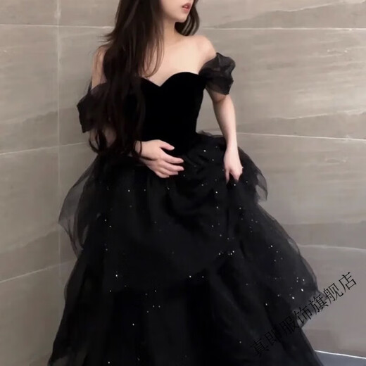 True Black Evening Dress 2025 New Light Luxury Niche High-end One-shoulder Adult Ceremony Graduation Performance Female Black S