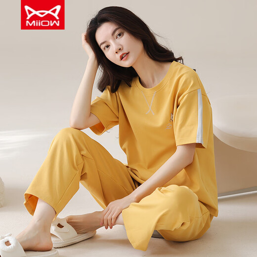 Catman Miiow Pajamas para mujeres en primavera y verano pantalones de manga corta Los estudiantes de estilo coreano puro pueden usar trajes de ropa para el hogar de algodón puro afuera en verano YZT9715 algodón corto y longitud M (80-jin [Jin equivale a 0.5 kg])