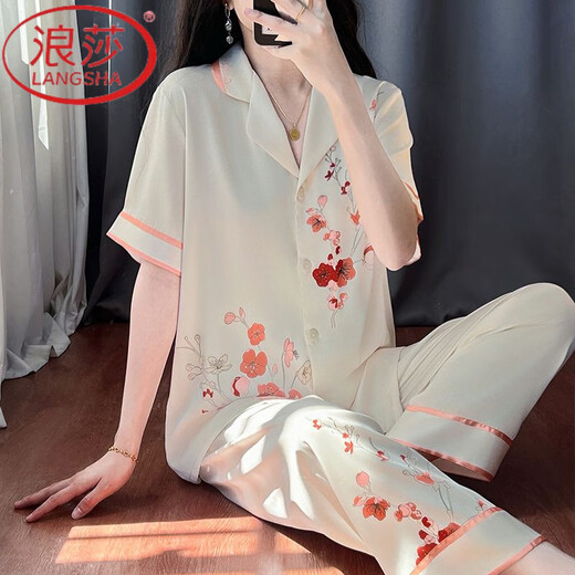 浪莎（LangSha）真丝睡衣女春夏天短袖冰凉薄款2025中国风感真丝绸家居服套装 1203#红色梅花[高品质冰丝] M [建议80-100斤穿]