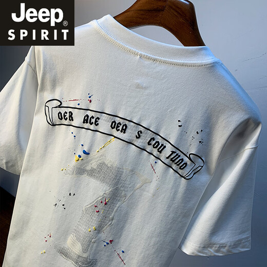 JEEP SPIRIT夏季男款短袖T恤宽松休闲圆领薄款衣服2025新款绣花半截袖体恤男 白色 【HJ6630】 L 适合115-130斤穿