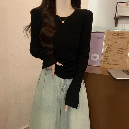 Gray waisted round neck bottoming shirt for women, new autumn and winter slim-fitting long-sleeved T-shirt for women, versatile top layering YRL K705# white gray (solid color) L 95-105Jin Jin is equal to 0.5 kg