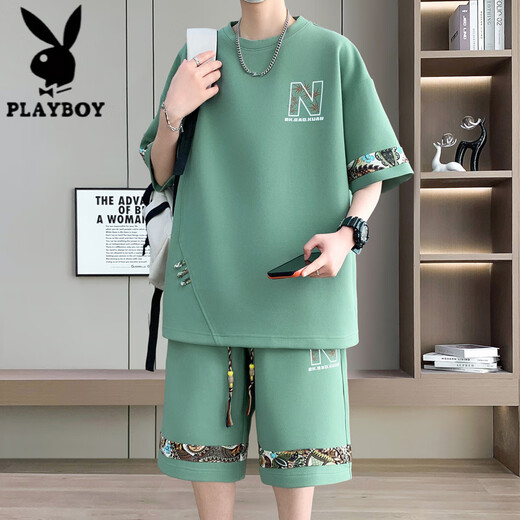 花花公子（PLAYBOY）夏季新款大码休闲运动套装男士短袖短裤两件套潮 【套装】6195：白色 XL (建议130-150斤)