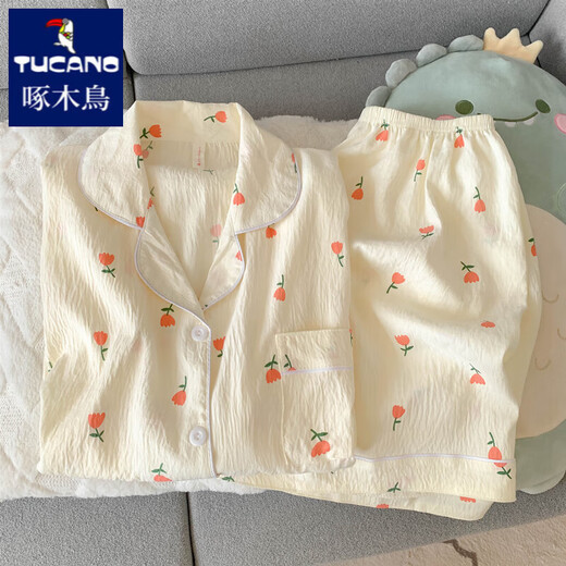 Woodpecker Sweet Rose Pure Cotton Gauze Pajamas Women's Summer Short Sleeve Shorts Trousers Three-Piece Cardigan Home Clothing Yunduo Cotton-9906# Star Puppy Three-Piece Set M [Suggested 75-100Jin [Jin equals 0.5 kg]]