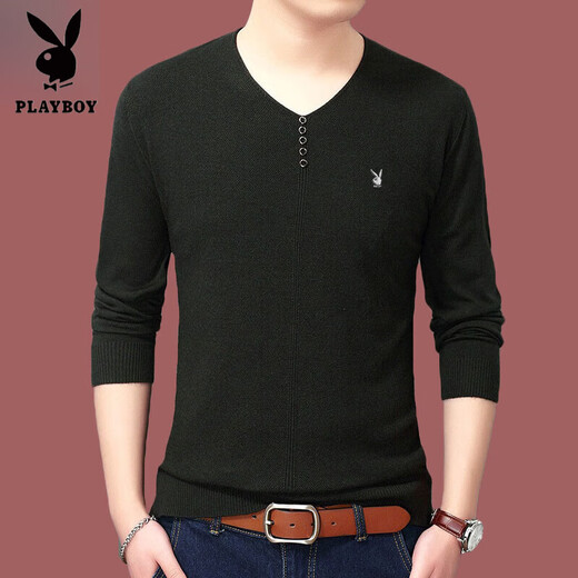 Playboy brand Men's long-sleeved T-shirt 2025 spring and autumn new V-neck solid color high-end casual, non-scalding anti-wrinkle base shirt 1518 black 2XL 180 (recommended 150-165Jin [Jin equals 0.5 kg])