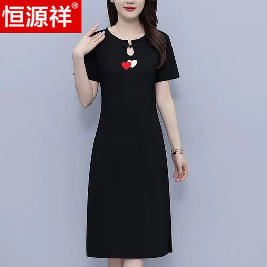 恒源祥纯棉中国风休闲连衣裙女2024夏季新款宽松显瘦气质过膝T恤裙 黑色(线条蝴蝶结) S 85斤-95斤