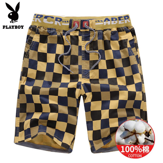 Playboy pure cotton shorts men's summer loose five-point pants Korean style sports and casual cotton men's beach pants big shorts large size khaki plaid 688 XL 112-125Jin [Jin equals 0.5 kg]