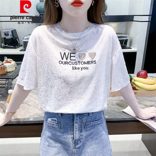 Camiseta bordada de Pierre Cardin Letter para mujeres Top de camiseta de cuello redondo y de mangas de manga corta de manga corta 6227# White S RECOMENDO 80-99JIN [Jin iguala 0.5 kg]
