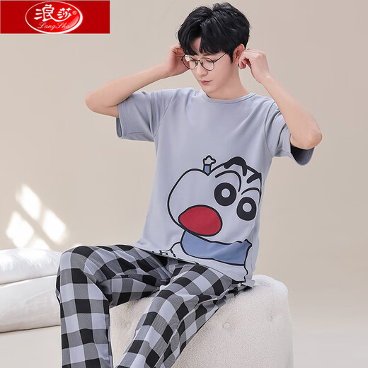 Langsha Summer Herren Kurzärärmelhosen Pajamas Sommer Baumwolle Dünne Lose Version Großgröße Jugend kann wir zu Hause Anzug in Kurzärärmel 3523# Hosen L empfohlen (100-125jin [Jin entspricht 0,5 kg]))