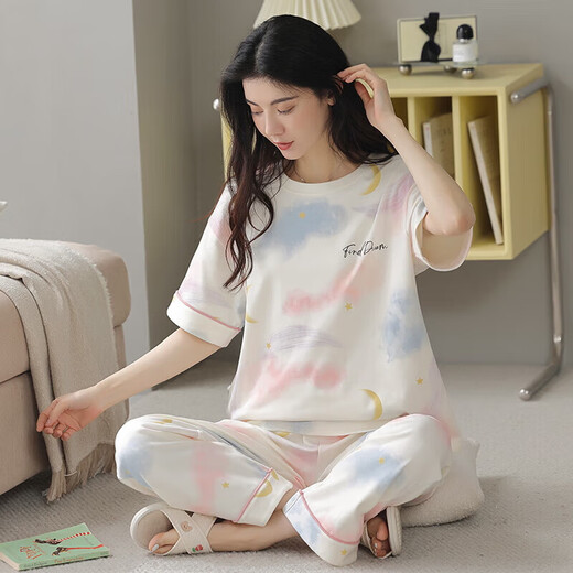 都市丽人夏季睡衣女士纯棉薄款短袖长裤学生可爱韩版套装春秋天宽松家居服 y9715 M 码建议75-95斤