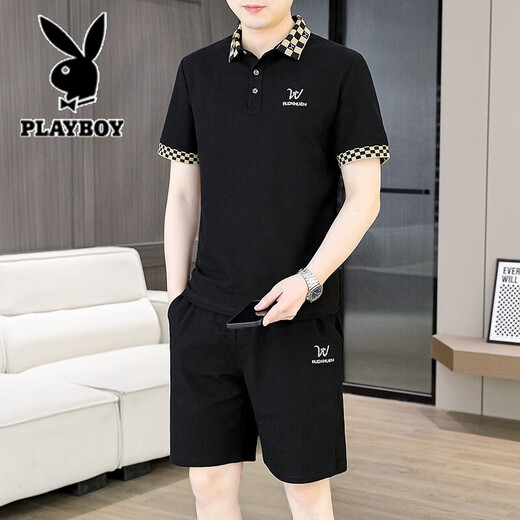 Playboy (Playboy) Casual Short Sleeve Shorts Anzug für Männer 2025 Sommer Trendy Stickerei Mode zweiteilig für Männer Sommer Running Short Sleeves Black 9902 m [Vorgeschlagen 95-110jin [Jin gleich 0,5 kg]]