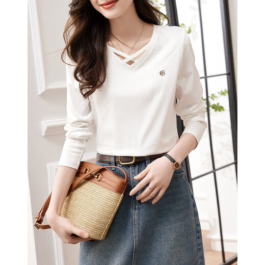 Demana (dme) temperament cotton polyester knitted women's T-shirt spring and autumn commuting v-neck micro-elastic long-sleeved T-shirt for women