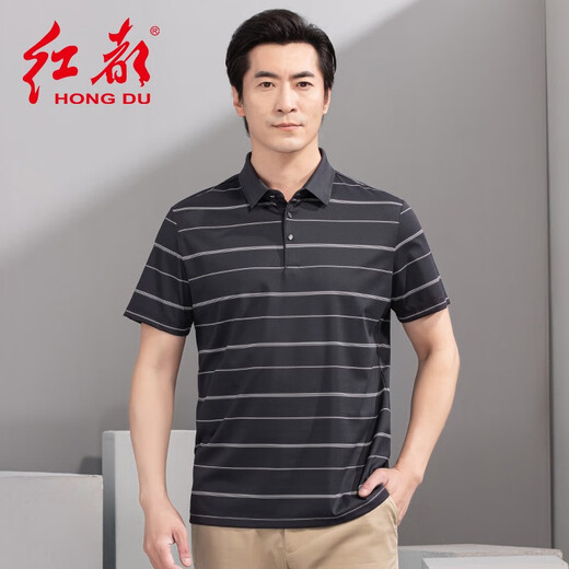 红都夏季新款男士短袖T恤商务休闲翻领簿款条纹微弹中年半袖t恤衫 咖色ta9226-2 均码 190/104A