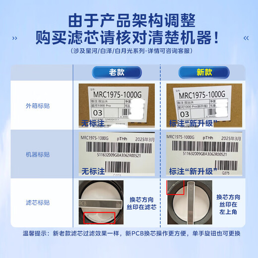 Midea water purifier filter element is suitable for Galaxy 1000g and ProMRC1975(B)-1000G Galaxy 1200Pro (MRC805C-3000) filter element upgrade. Please consult customer service. PCB filter element before upgrade - Galaxy water purifier - replacement cycle is 2 years