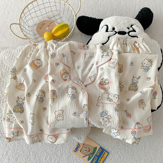 Ji Yafu Crayon Xiaoxin Summer Three-Piece Set Pajamas Women's Short Sleeve Long Trousers Thin Ins Style Summer Cotton Yarn Home Clothing Yunduo Cotton-J9901# Paradise Puppy Three-Piece Set L [Suggested 100-120Jin [Jin equals 0.5 kg]]