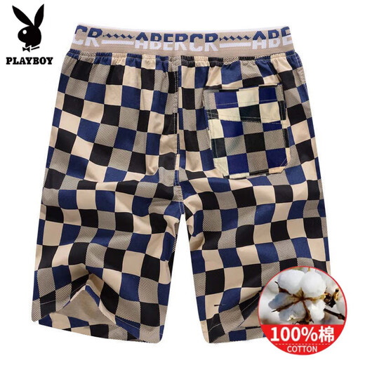 Playboy pure cotton shorts men's summer loose five-point pants Korean style sports and casual cotton men's beach pants big shorts large size khaki plaid 688 XL 112-125Jin [Jin equals 0.5 kg]