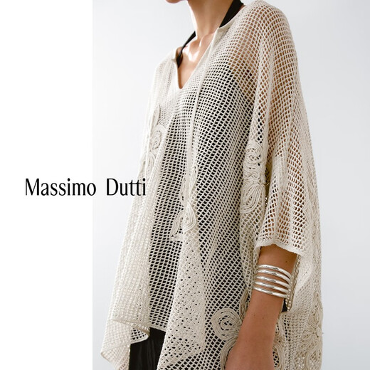 Massimo Dutti折扣升级2025女装海岛度假风刺绣镂空网眼V领针织罩衫05764716 米白色 M (170/92A)尺码偏大