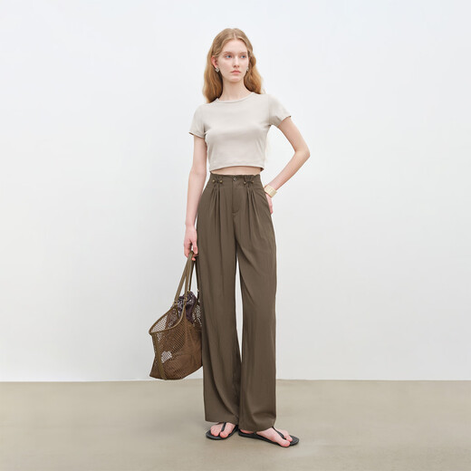 Self-exquisite small drooping micro-scisor casual pants for women 2025 new wide-leg pants high waist slimming straight-leg pants trousers vegetarian brown S (size: 3)
