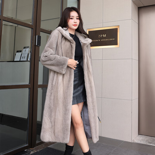 Winter Home Brand Fur 2025 New Imported Mink Coat Women's Full Mink Over Knee Long Hooded Mink Fur Jacket Silver Blue 2XL 140Jin[Jin equals 0.5 kg]-160Jin[Jin equals 0.5 kg]