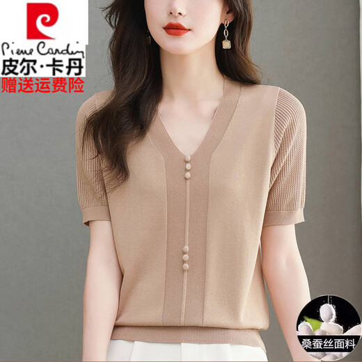 皮尔卡丹高档桑蚕丝短袖t恤女2025新款夏季妈妈真丝短袖V领遮肚上衣女薄款 米色【9195款】 M 【建议100-110斤穿】