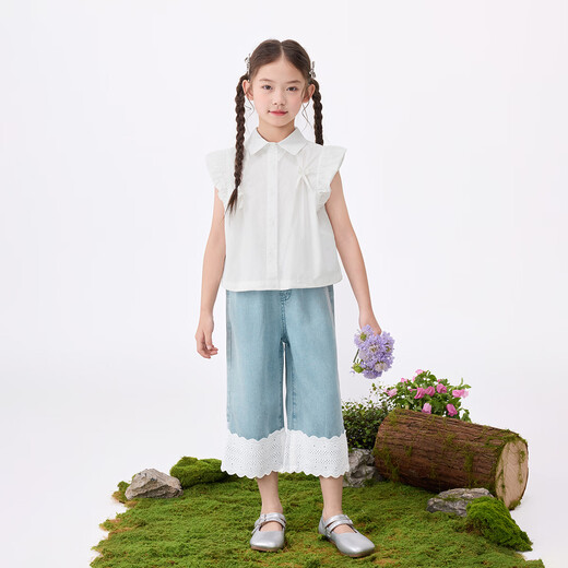 Inman Girls Sleeveless Shirt Lace Small Flying Sleeves Summer Fashion Lapel Casual Cotton Top for Middle and Large Children White 150