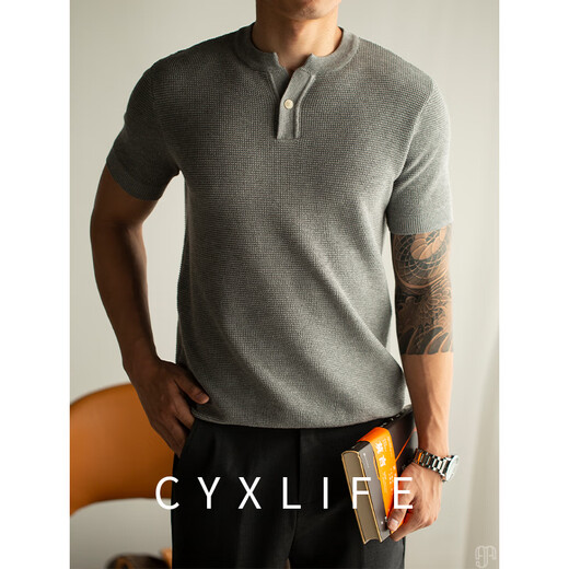 Chaoyuanxingpishuai Henry collar solid color sweater men's short-sleeved summer thin ice silk mid-mountain collar casual t-shirt men's half-sleeve C-black 3XL