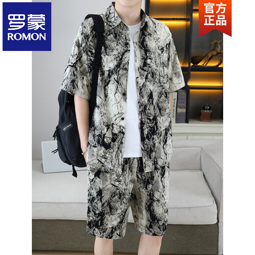 Romon (Romon) Beau chemise, costume de soie de glace d'été masculin, chemise fleurie, manches courtes, shorts, plage en deux pièces, 679 costume blanc, m 110jin [Jin est égal à 0,5 kg]