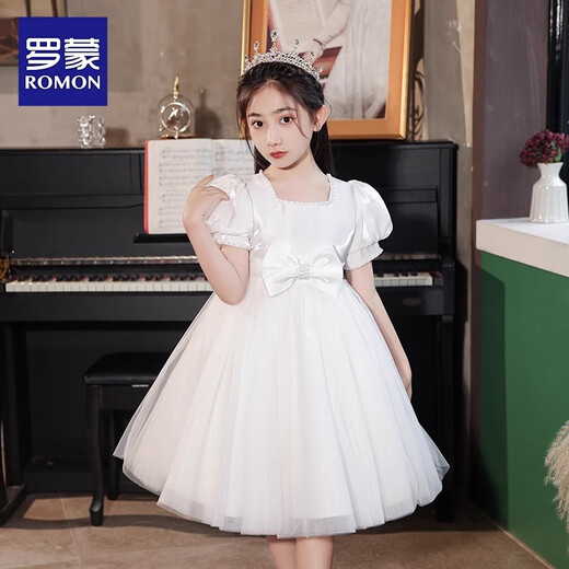 罗蒙毕业演出主持人礼服女童毕业白色公主裙生日花童钢琴 白色120