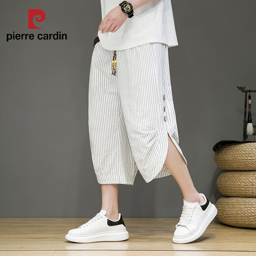 皮尔卡丹（pierre cardin）中国风七分裤男夏季薄款条纹休闲短裤宽松潮牌大码7分阔腿哈伦裤 黑色 M 【90-115斤】