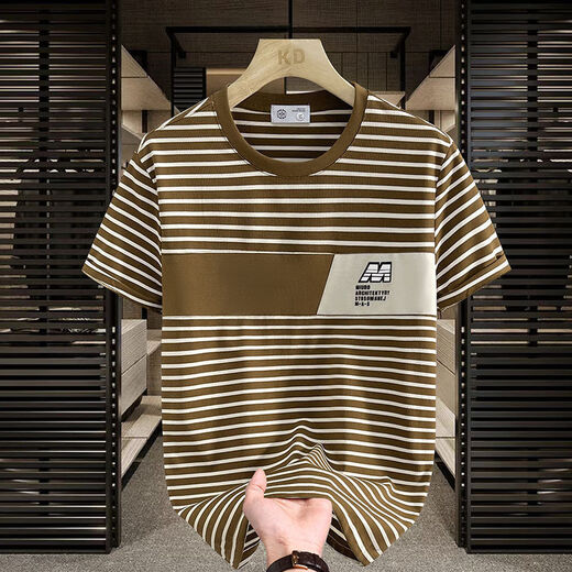 Jianfang 2025 short-sleeved T-shirt trendy striped men's all-match top Khaki breathable sweat-absorbent cotton 9898 M