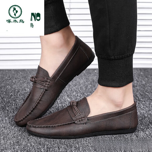 Specht Beanie Schuhe Herren neue Männerschuhe Sommer atmungsaktiver Trend Britische Freizeitlederschuhe Herren echte Leder D826 Black 39
