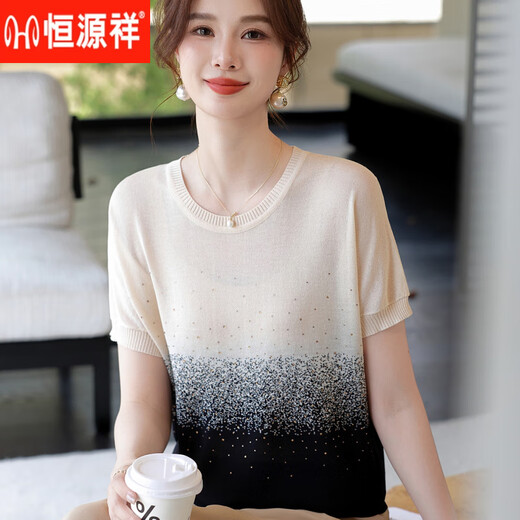 Hengyuanxiang Mode Mutter Sommer Neues dünnes Top lose Strick runde Nacken T-Shirt mittleren Alters und ältere Ladies 'All-Match Ice Seide Hemd Blau M.