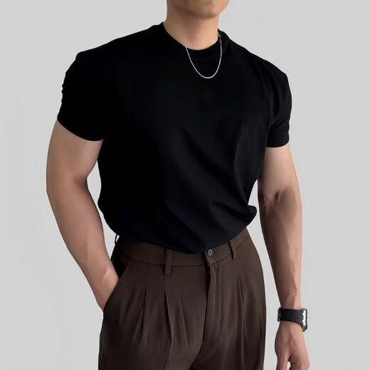 栗谱纯黑色正肩t恤男夏季韩版成熟硬汉风纯棉内搭短袖显肌肉健身男装 DT11-黑色 XL （建议125-140斤）