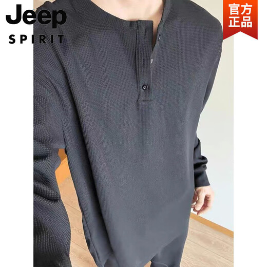 
JEEP SPIRIT light grey waffle long-sleeved T-shirt men's spring and autumn American retro Henry neck t-shirt loose casual base shirt 1381 black plus velvet M