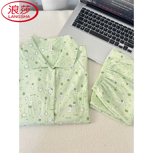 浪莎（LangSha）夏季小清新云朵纯棉纱睡衣女款夏天短袖学生可爱开衫三件套家居服 云朵棉-J9901#乐园小狗三件套 M 建议75-100斤】