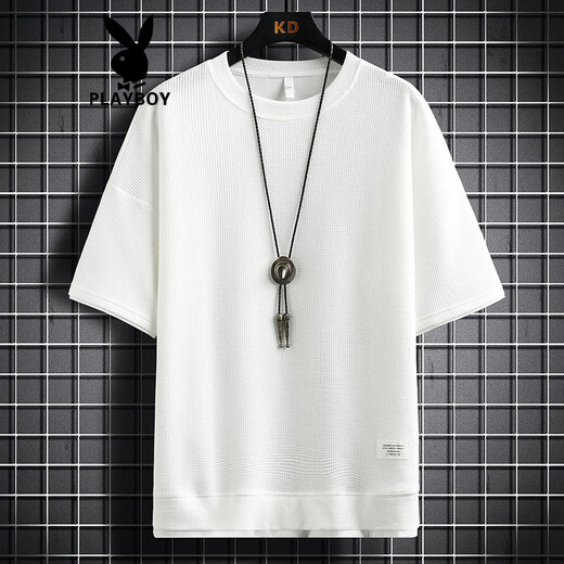 Playboy (PLAYBOY) Men's T-shirt Short Sleeve Summer New Fashion Fake Two-Piece Round Neck Loose Half Sleeve T-shirt Waffle Casual Top 3880 Orange M
