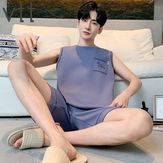 VTT男睡衣夏季无袖纯棉薄款背心短裤家居服宽松套装大码可外穿 V背心短裤：OMM13063 L