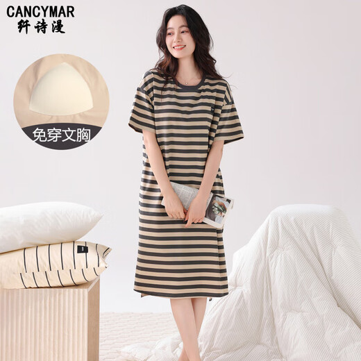 cancymar日本纯棉睡裙女2025新款自带胸垫一体式可外穿免穿文胸夏季家居服 旗舰款蓝色HYZH14101B 带胸垫· M 160