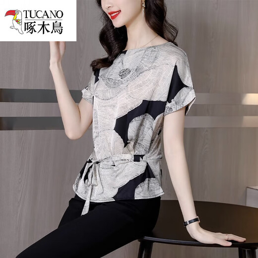 Woodpecker cool counter genuine silk short-sleeved T-shirt for women 2025 summer new fashionable fashionable small shirt high-end mulberry silk 9918 peony M