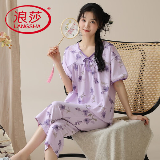 浪莎（LangSha）夏季短袖睡衣套装女士薄款夏天新中式国风七分裤可外穿家居服 YZT-9901(短袖+七分裤) L 女【100-120斤】