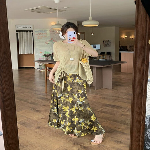 独束胖mm大码女冰丝针织上衣印花半身裙套装A1477上衣+21846半身裙 A1477豆绿色上衣(不含吊带)+2184 3XL[160-180] 均码