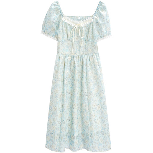 IEF/aiyifu Kleid 2025 Sommer Neues französisches französische kleine Frau Temperament Blumenkleid weiße blaue Blume S