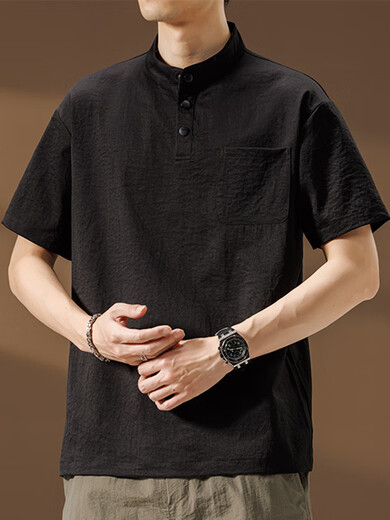 Qinchi retro men's tunic high-end tunic collar henley collar shirt men's 25 summer thin cool pocket short-sleeved shirt gray M about 90~120Jin Jin equals 0.5kg can be worn one size fits all