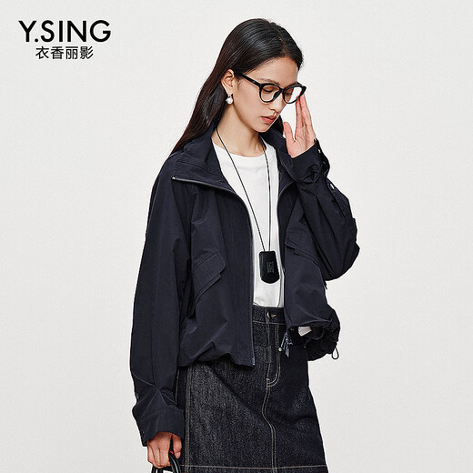 
Yi Xiangliying stand collar windproof drawstring short jacket for women 2025 autumn clothing new fashion design touch work top Navy blue S