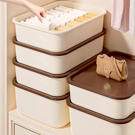Underwear storage box for home underwear and socks, divided into compartments to organize the wardrobe, three-in-one wardrobe for personal clothing, no compartments with lid, can hold 10 pieces of underwear box, milk coffee color upgraded and thickened, 30.5*23.5*8