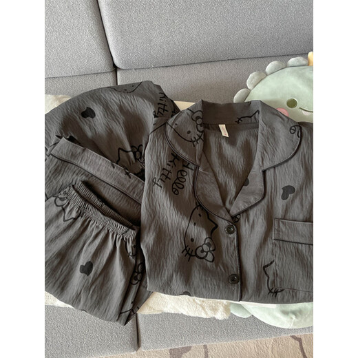 Catman Miiow2025 Neuer schwarzer grauer Höllen-Pyjamas für Frauen im Sommer im Sommer Pure Cotton Gaze Kurzärärmelte niedliche Heimkleidung Drei-teilige Set Yunduo Cotton-9905# Black Love Drei-teilige Set M [Vorschlag 75-100jin [Jin gleich 0,5 kg]]
