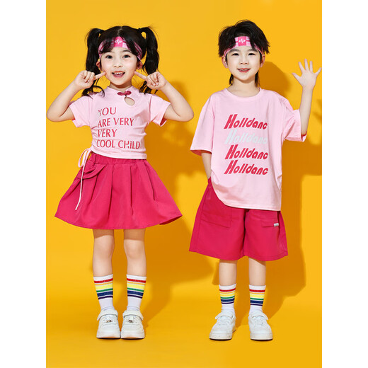 常霖六一儿童拉拉队演出服幼儿园啦啦队舞蹈表演服装小学生毕业照运动 14108水滴领粉女短衣+玫红短裙+ 100 cm
