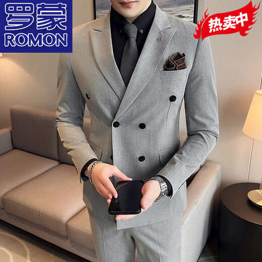 ROMON high-end double-breasted suit men's business formal high-end suit groom wedding dress slim jacket black double-breasted suit + vest + trousers with shirt XL 123-134Jin Jin equals 0.5 kg to wear