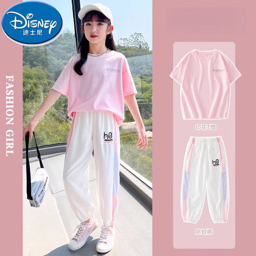 迪士尼（Disney）女童运动套装2025新款洋气时髦短袖儿童休闲夏季大童夏装女孩衣服 18209渐变9889白色 150 cm