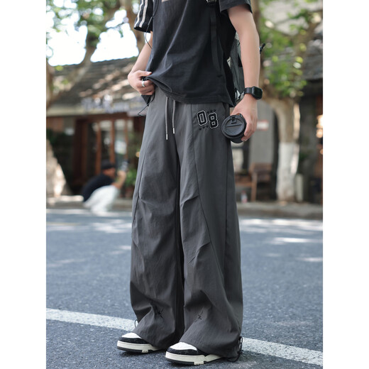NEW OR MODE American letter embroidered paratrooper overalls men's thin breathable loose outdoor sports pants wide-leg casual trousers apricot 2XL recommended 140-160Jin Jin equals 0.5 kg