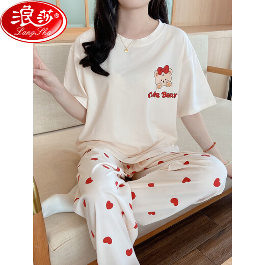 Langsha Pajamas Summer Cotton puro algodón 2025 Nuevo pantalones de manga corta Simples Cartoon Home Traje Spring y Otoño Wear 6626 Puppy de pollo amarillo M